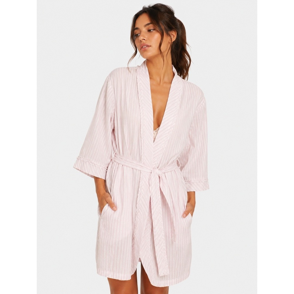 Eileen West Pink White Striped Cotton Lace Trim Short Robe Kimono S